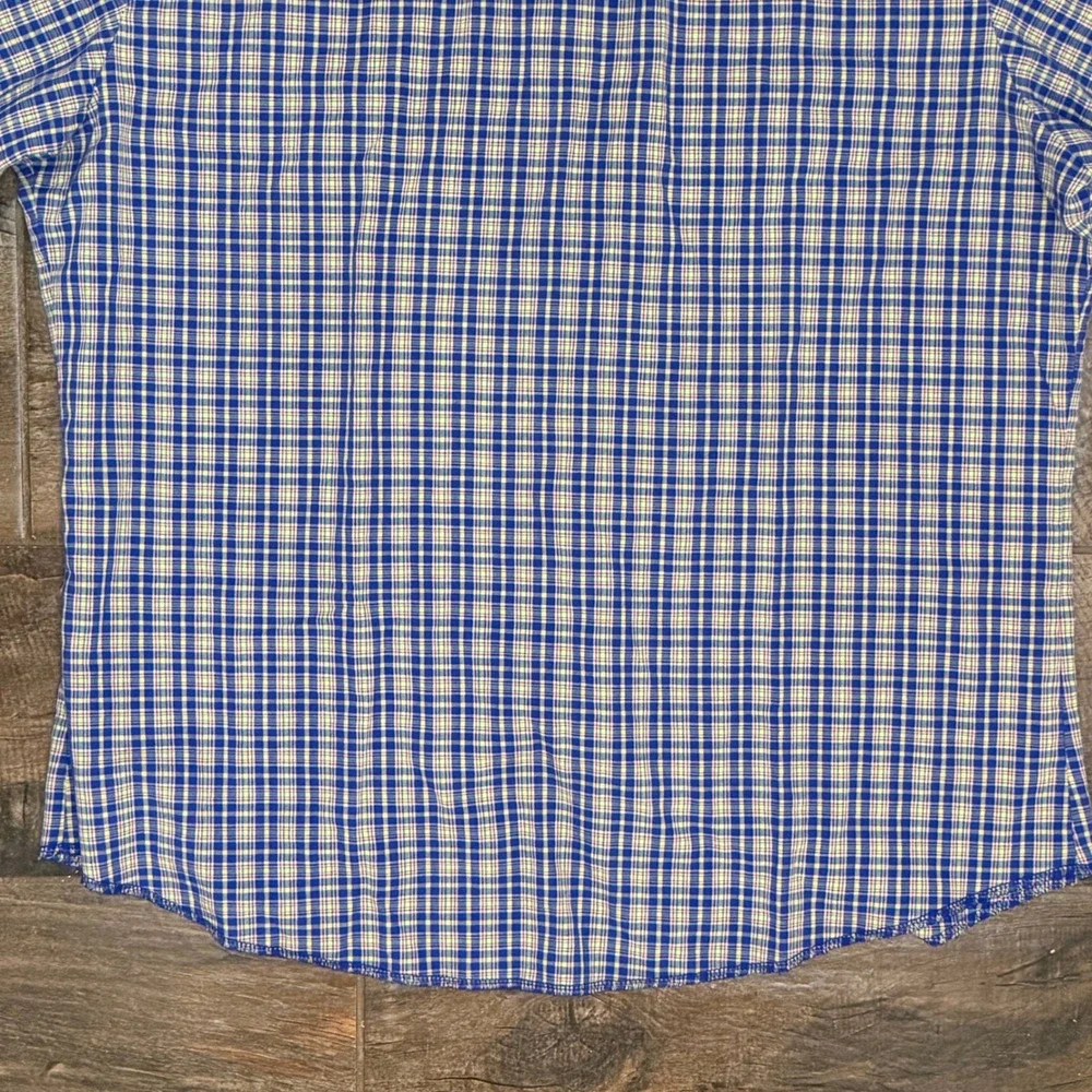 Wrangler Rustler VTG Western Plaid Single‎ Stitch Snap SS Shirt,Blue Yellow,XLT